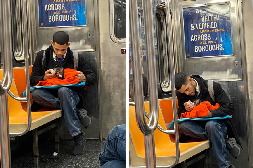 Γατόφιλος ταϊζει ορφανό γατάκι με γάλα σε μετρό της Νέα Υόρκης